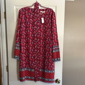 Red and Blue Patterned Long Sleeve Dress